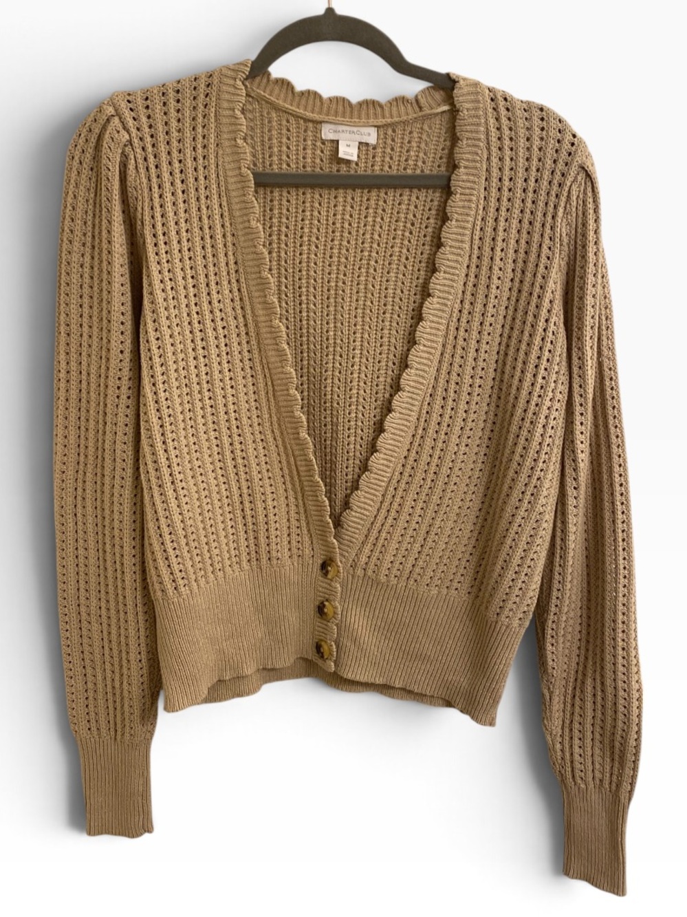 Charter Club Beige Ribbed V-Neck Button Cardigan Scalloped Edges Banded Hem Med